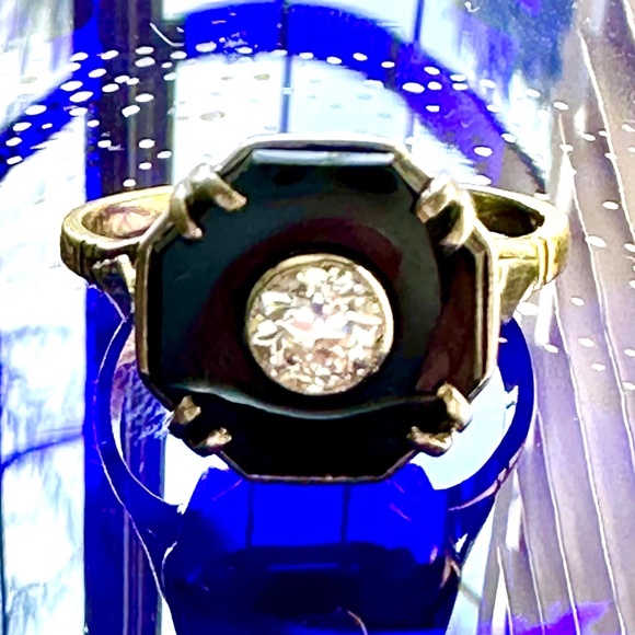 14K Art Deco Octagonal Onyx & Diamond Ring - Picture 4 of 15